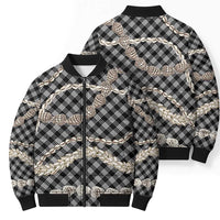 Black Aloha Hawaii Shell Lei Bomber Puffer Jacket Palaka Hebrew Cone Honey Cowrie Elegant Curves - Polynesian Pride