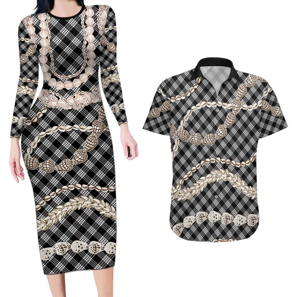 Black Aloha Hawaii Shell Lei Couples Matching Long Sleeve Bodycon Dress and Hawaiian Shirt Palaka Hebrew Cone Honey Cowrie Elegant Curves LT14 Black - Polynesian Pride