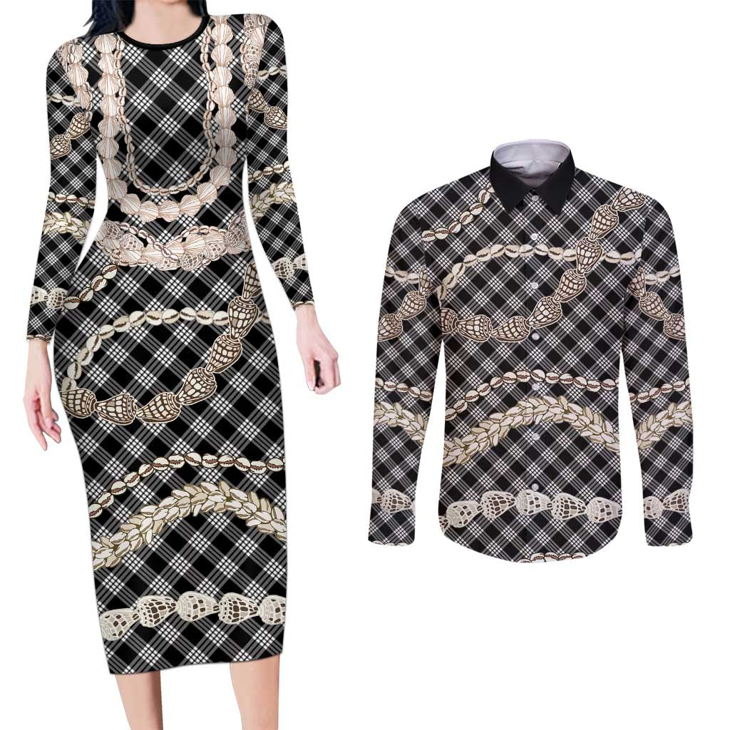 Black Aloha Hawaii Shell Lei Couples Matching Long Sleeve Bodycon Dress and Long Sleeve Button Shirt Palaka Hebrew Cone Honey Cowrie Elegant Curves LT14 Black - Polynesian Pride
