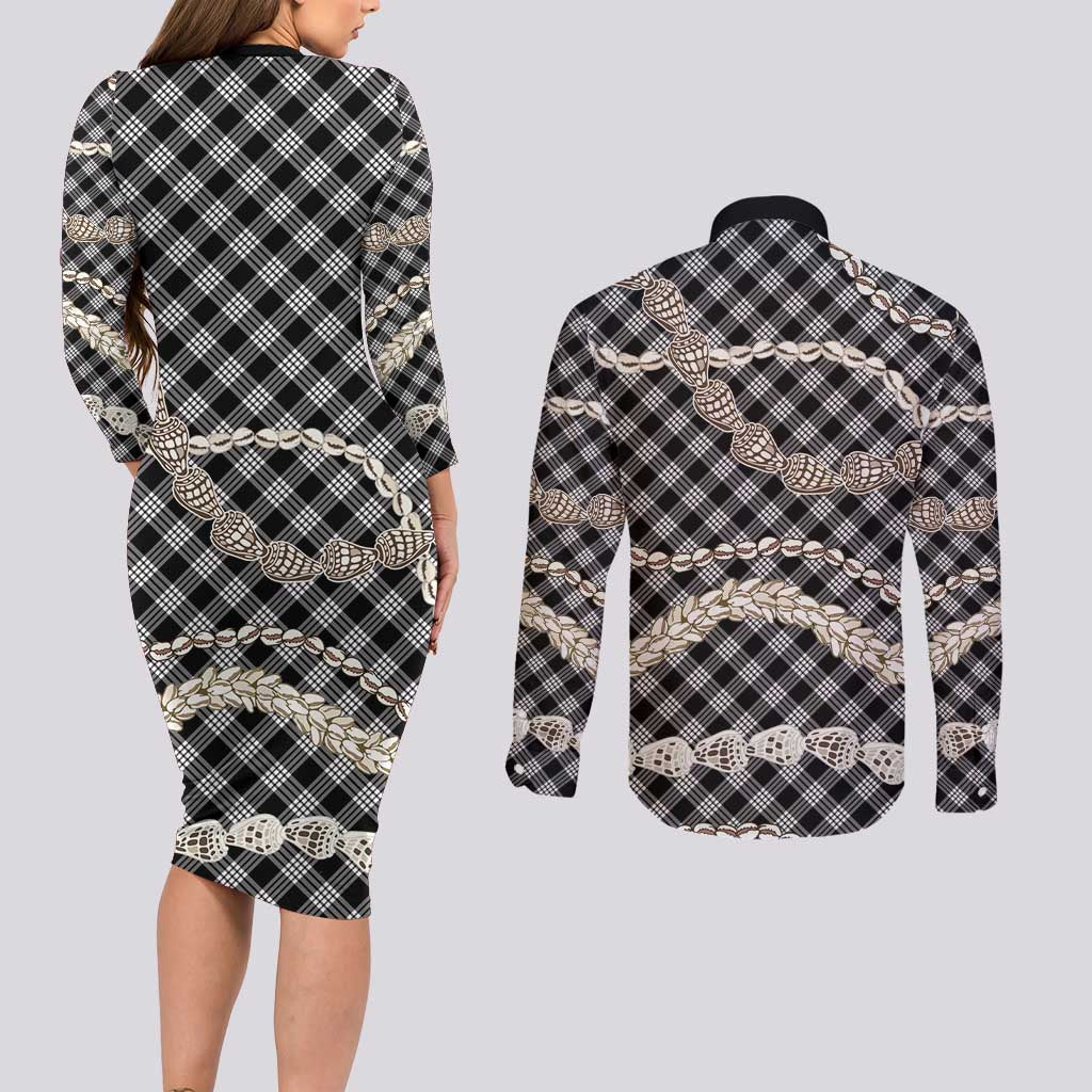 Black Aloha Hawaii Shell Lei Couples Matching Long Sleeve Bodycon Dress and Long Sleeve Button Shirt Palaka Hebrew Cone Honey Cowrie Elegant Curves LT14 - Polynesian Pride
