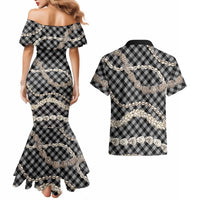 Black Aloha Hawaii Shell Lei Couples Matching Mermaid Dress and Hawaiian Shirt Palaka Hebrew Cone Honey Cowrie Elegant Curves LT14 - Polynesian Pride