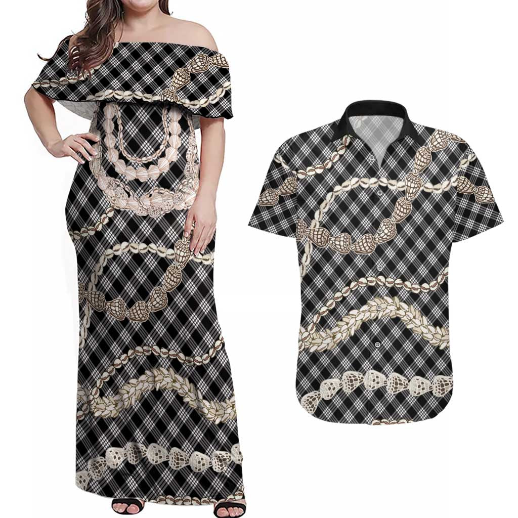 Black Aloha Hawaii Shell Lei Couples Matching Off Shoulder Maxi Dress and Hawaiian Shirt Palaka Hebrew Cone Honey Cowrie Elegant Curves LT14 Black - Polynesian Pride