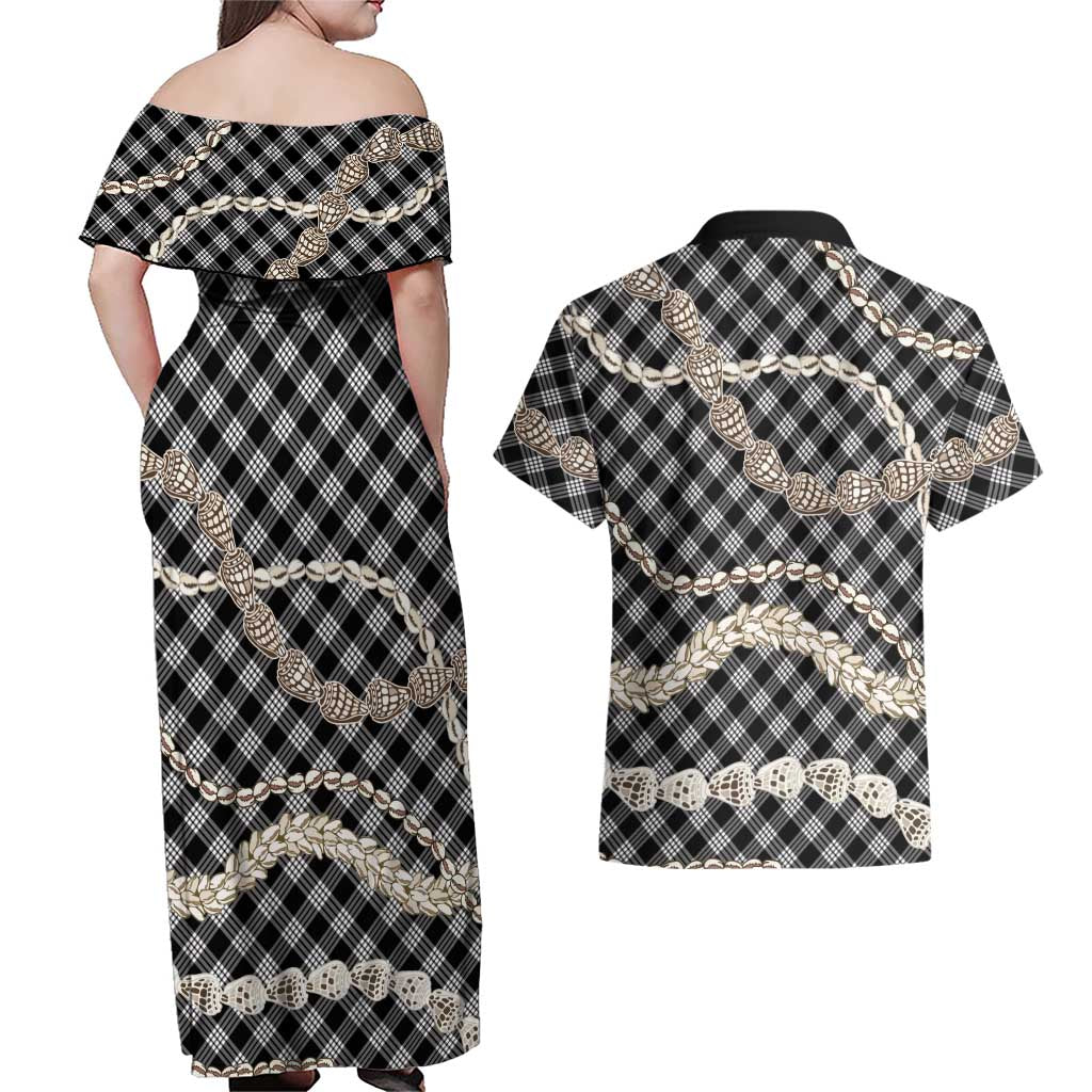 Black Aloha Hawaii Shell Lei Couples Matching Off Shoulder Maxi Dress and Hawaiian Shirt Palaka Hebrew Cone Honey Cowrie Elegant Curves LT14 - Polynesian Pride