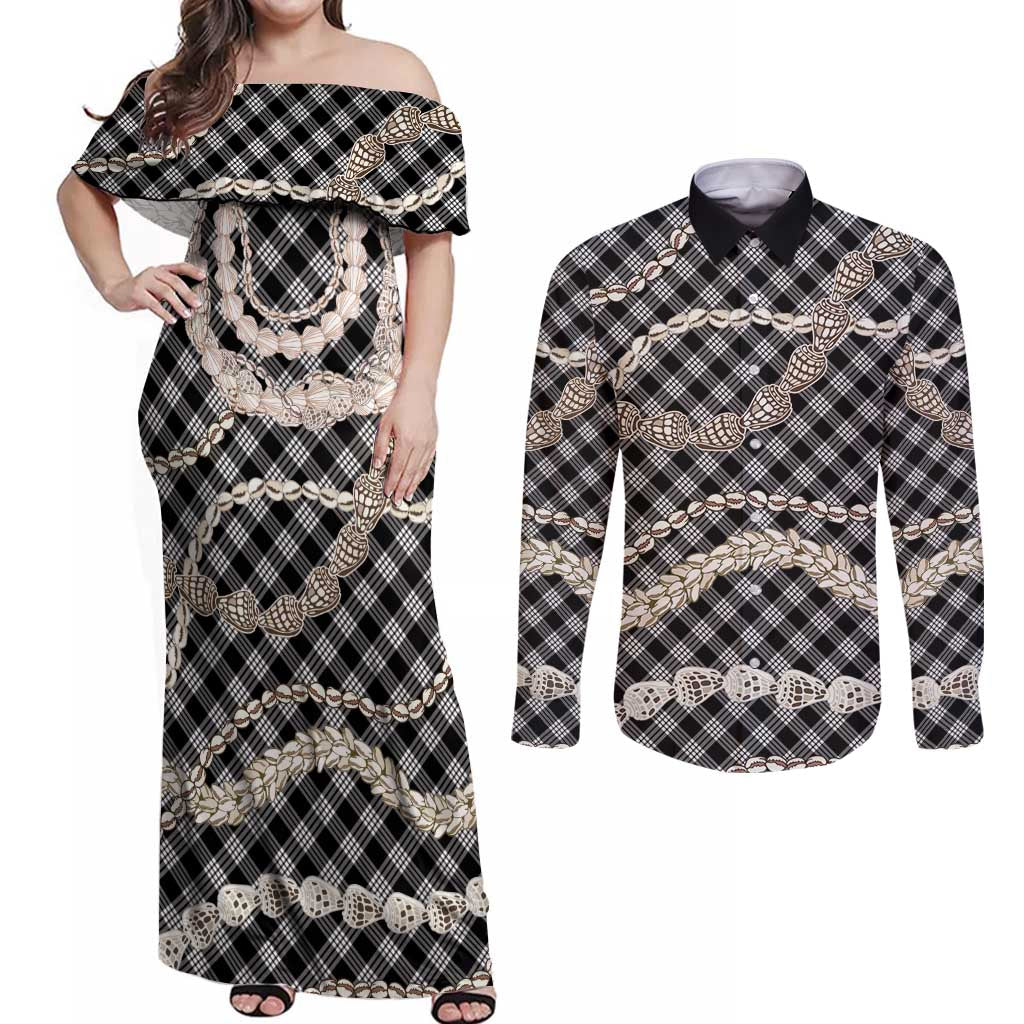 Black Aloha Hawaii Shell Lei Couples Matching Off Shoulder Maxi Dress and Long Sleeve Button Shirt Palaka Hebrew Cone Honey Cowrie Elegant Curves LT14 Black - Polynesian Pride