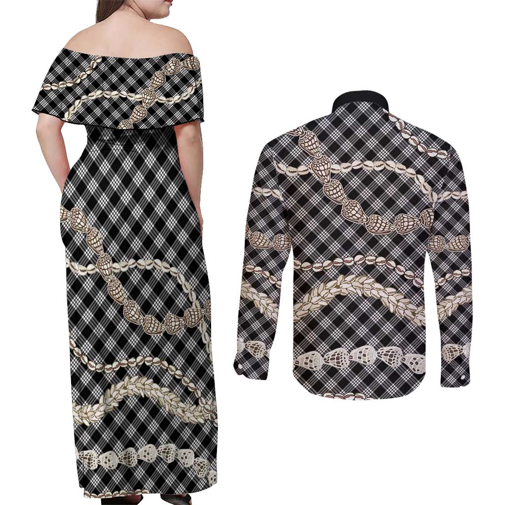 Black Aloha Hawaii Shell Lei Couples Matching Off Shoulder Maxi Dress and Long Sleeve Button Shirt Palaka Hebrew Cone Honey Cowrie Elegant Curves LT14 - Polynesian Pride