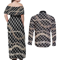 Black Aloha Hawaii Shell Lei Couples Matching Off Shoulder Maxi Dress and Long Sleeve Button Shirt Palaka Hebrew Cone Honey Cowrie Elegant Curves LT14 - Polynesian Pride