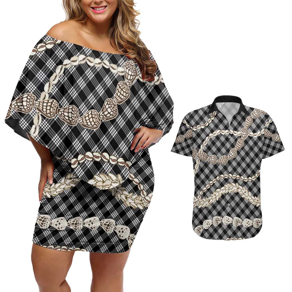 Black Aloha Hawaii Shell Lei Couples Matching Off Shoulder Short Dress and Hawaiian Shirt Palaka Hebrew Cone Honey Cowrie Elegant Curves LT14 Black - Polynesian Pride