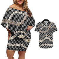 Black Aloha Hawaii Shell Lei Couples Matching Off Shoulder Short Dress and Hawaiian Shirt Palaka Hebrew Cone Honey Cowrie Elegant Curves LT14 Black - Polynesian Pride