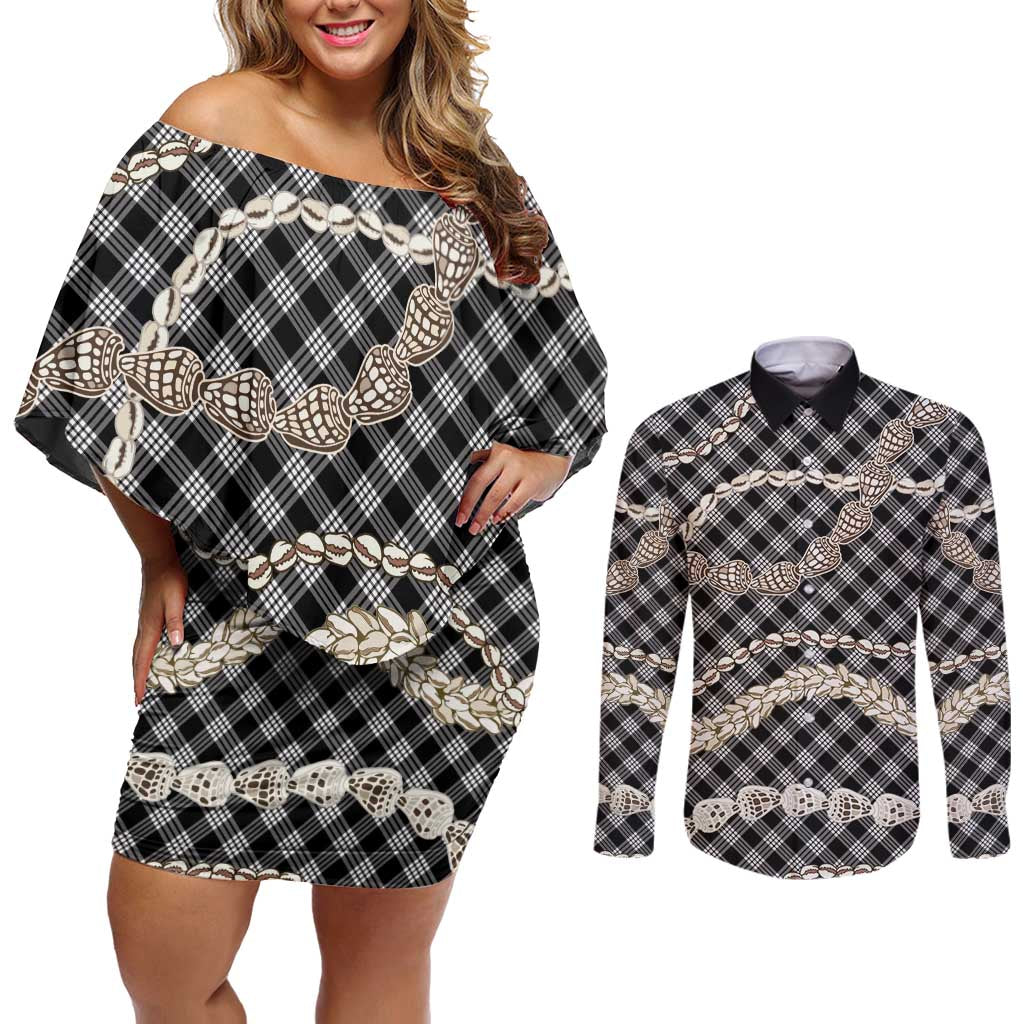 Black Aloha Hawaii Shell Lei Couples Matching Off Shoulder Short Dress and Long Sleeve Button Shirt Palaka Hebrew Cone Honey Cowrie Elegant Curves LT14 Black - Polynesian Pride