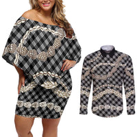 Black Aloha Hawaii Shell Lei Couples Matching Off Shoulder Short Dress and Long Sleeve Button Shirt Palaka Hebrew Cone Honey Cowrie Elegant Curves LT14 Black - Polynesian Pride