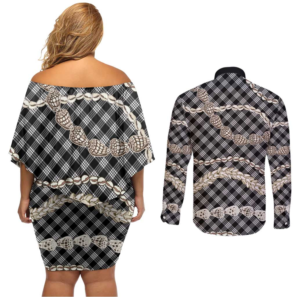 Black Aloha Hawaii Shell Lei Couples Matching Off Shoulder Short Dress and Long Sleeve Button Shirt Palaka Hebrew Cone Honey Cowrie Elegant Curves LT14 - Polynesian Pride
