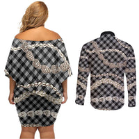 Black Aloha Hawaii Shell Lei Couples Matching Off Shoulder Short Dress and Long Sleeve Button Shirt Palaka Hebrew Cone Honey Cowrie Elegant Curves LT14 - Polynesian Pride