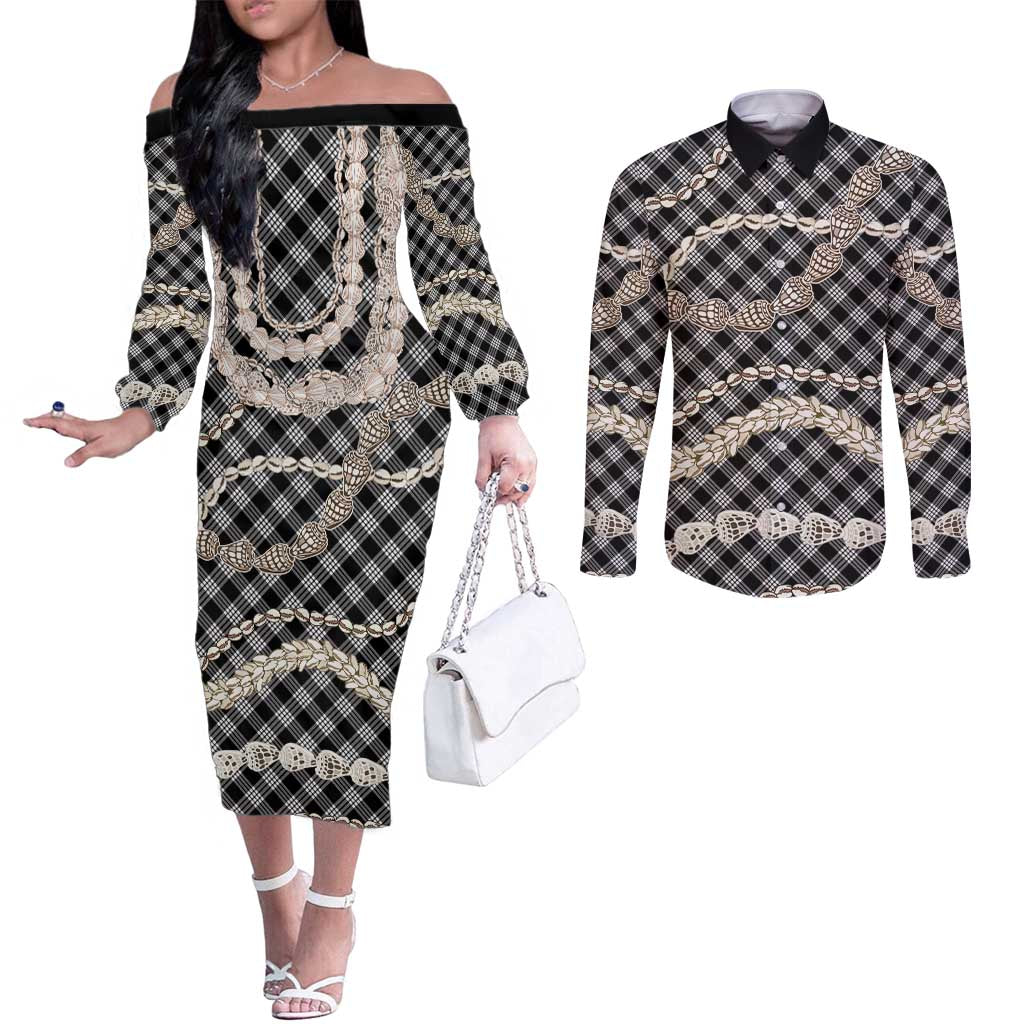Black Aloha Hawaii Shell Lei Couples Matching Off The Shoulder Long Sleeve Dress and Long Sleeve Button Shirt Palaka Hebrew Cone Honey Cowrie Elegant Curves LT14 Black - Polynesian Pride