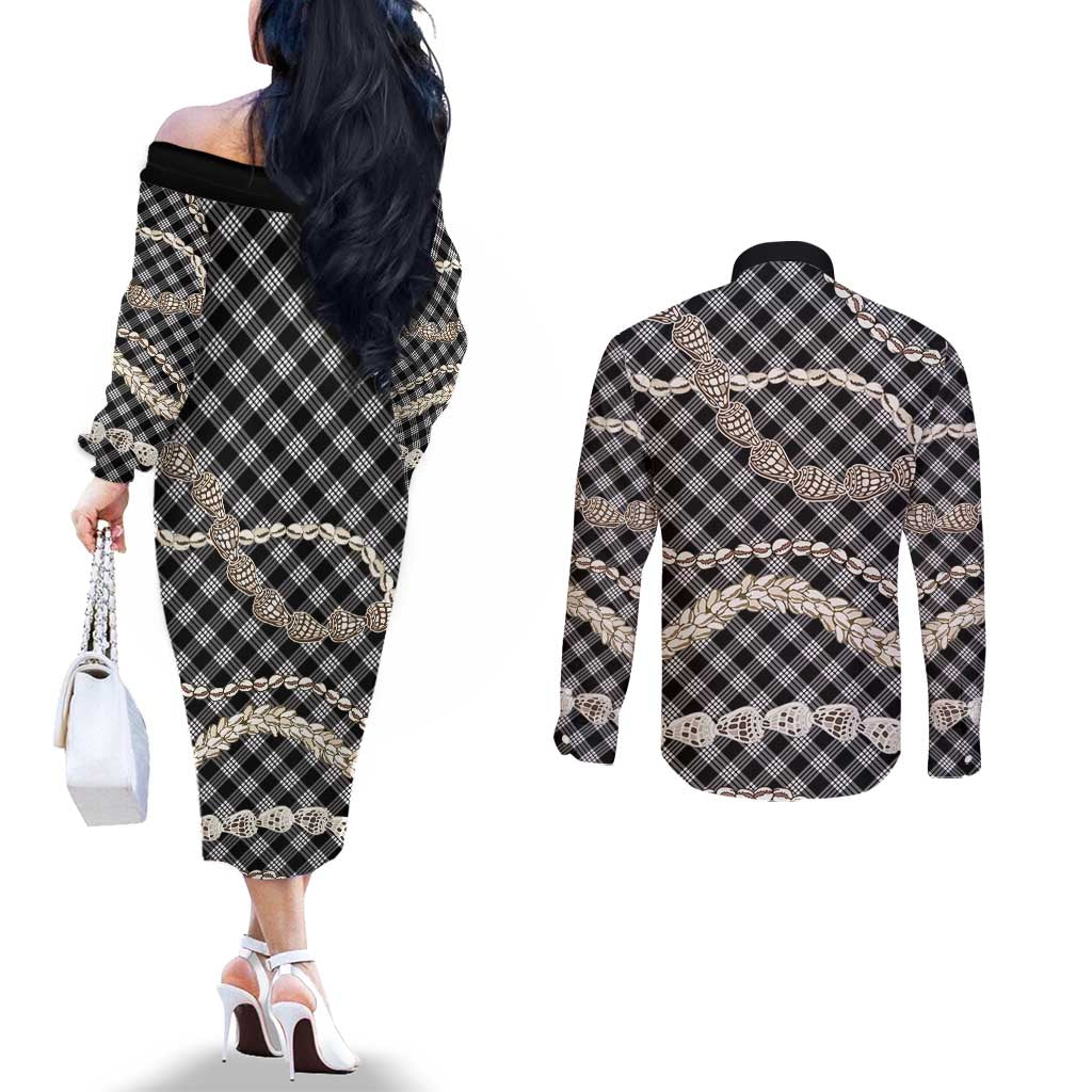 Black Aloha Hawaii Shell Lei Couples Matching Off The Shoulder Long Sleeve Dress and Long Sleeve Button Shirt Palaka Hebrew Cone Honey Cowrie Elegant Curves LT14 - Polynesian Pride