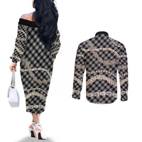 Black Aloha Hawaii Shell Lei Couples Matching Off The Shoulder Long Sleeve Dress and Long Sleeve Button Shirt Palaka Hebrew Cone Honey Cowrie Elegant Curves LT14 - Polynesian Pride