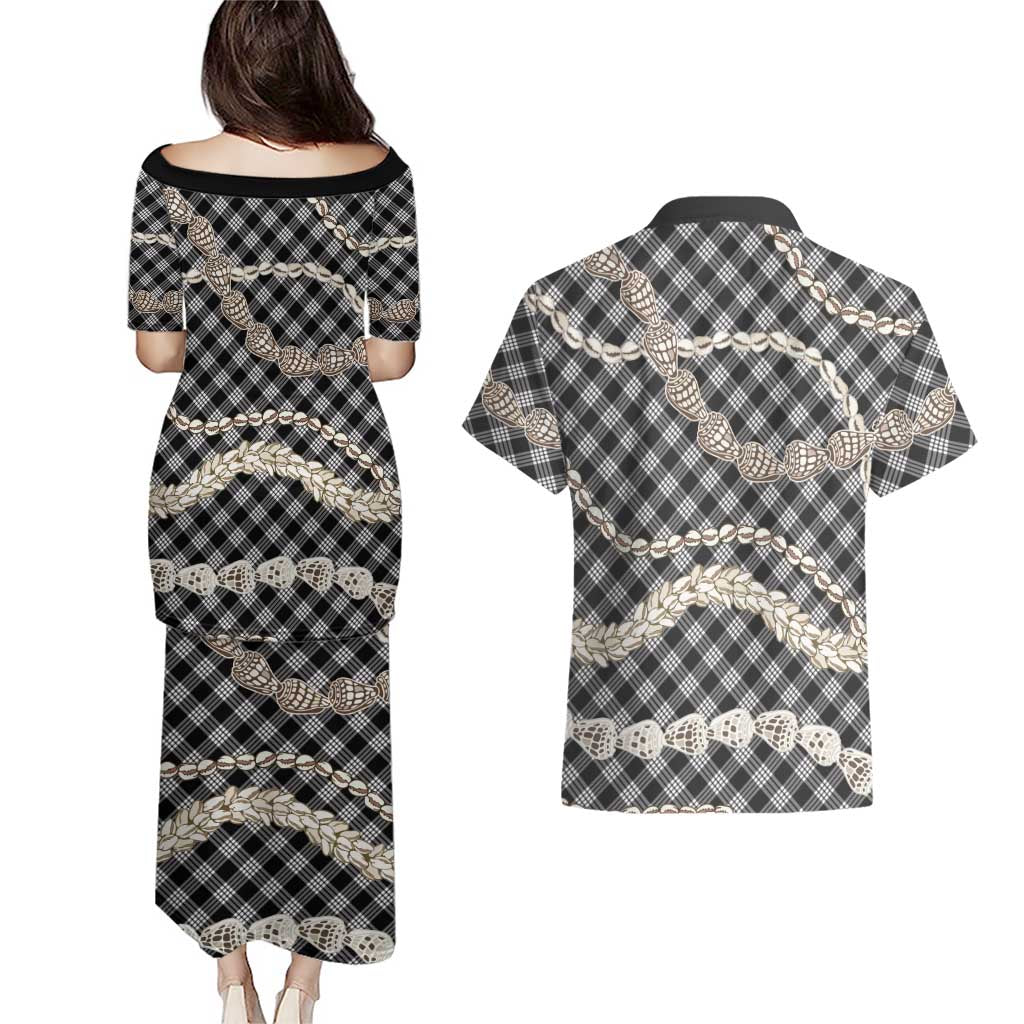 Black Aloha Hawaii Shell Lei Couples Matching Puletasi and Hawaiian Shirt Palaka Hebrew Cone Honey Cowrie Elegant Curves LT14 - Polynesian Pride