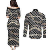 Black Aloha Hawaii Shell Lei Couples Matching Puletasi and Long Sleeve Button Shirt Palaka Hebrew Cone Honey Cowrie Elegant Curves - Polynesian Pride