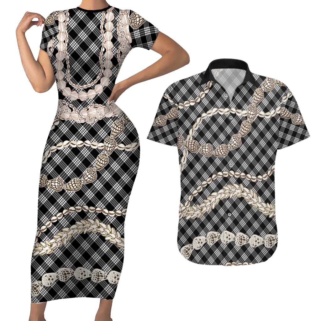 Black Aloha Hawaii Shell Lei Couples Matching Short Sleeve Bodycon Dress and Hawaiian Shirt Palaka Hebrew Cone Honey Cowrie Elegant Curves LT14 Black - Polynesian Pride
