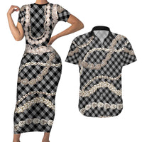 Black Aloha Hawaii Shell Lei Couples Matching Short Sleeve Bodycon Dress and Hawaiian Shirt Palaka Hebrew Cone Honey Cowrie Elegant Curves LT14 Black - Polynesian Pride