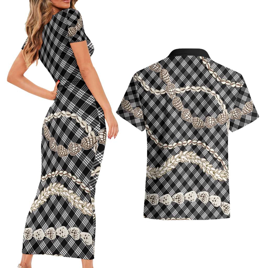 Black Aloha Hawaii Shell Lei Couples Matching Short Sleeve Bodycon Dress and Hawaiian Shirt Palaka Hebrew Cone Honey Cowrie Elegant Curves LT14 - Polynesian Pride