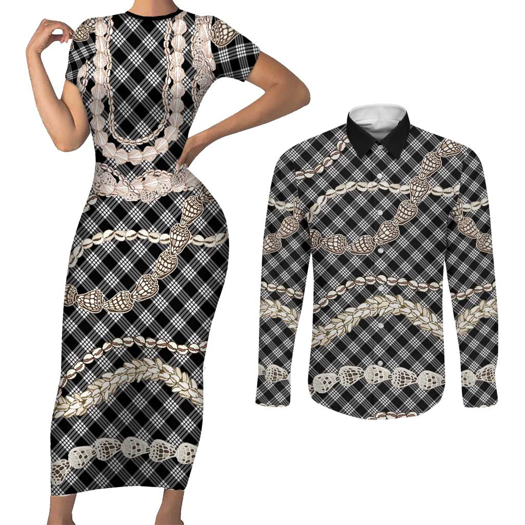 Black Aloha Hawaii Shell Lei Couples Matching Short Sleeve Bodycon Dress and Long Sleeve Button Shirt Palaka Hebrew Cone Honey Cowrie Elegant Curves LT14 Black - Polynesian Pride