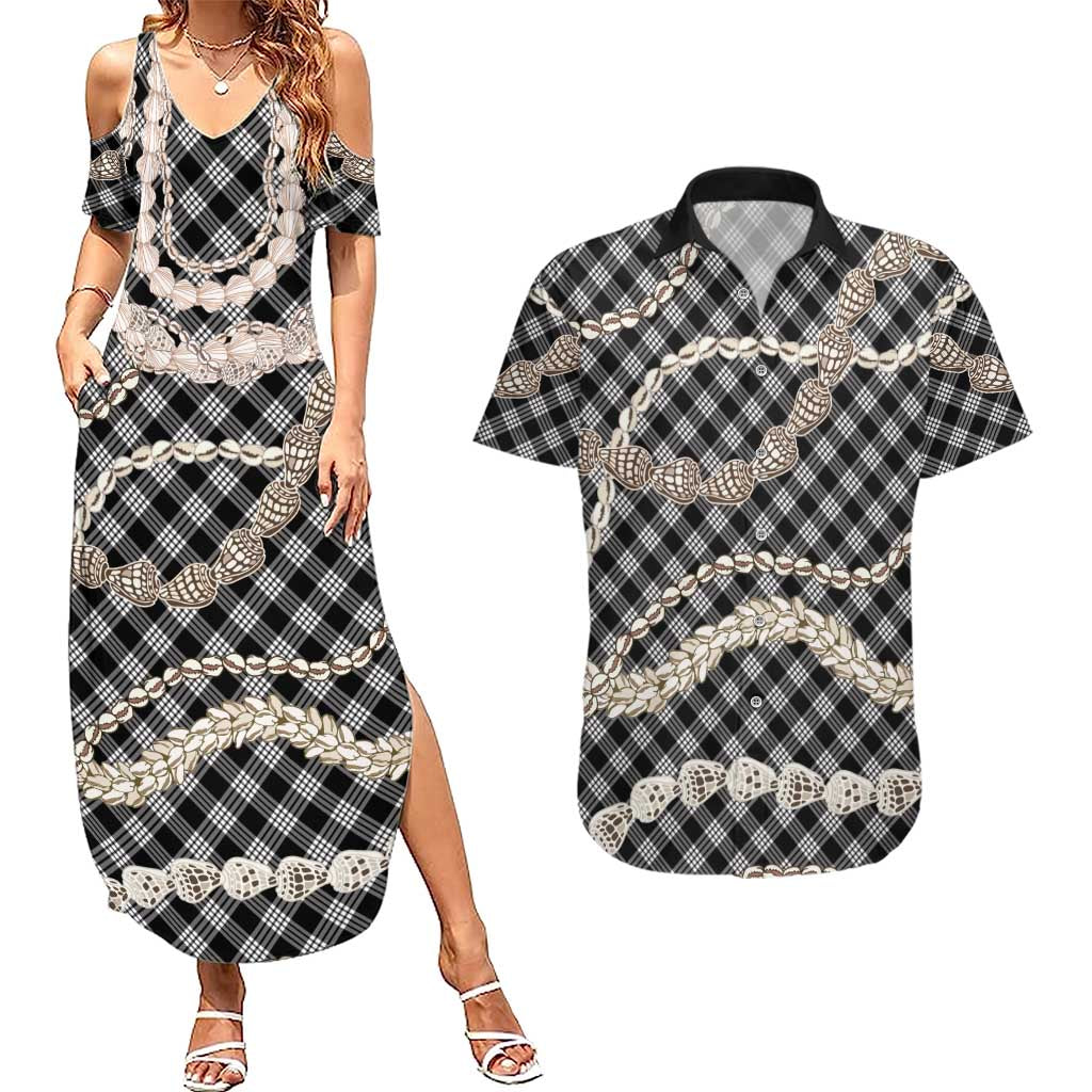 Black Aloha Hawaii Shell Lei Couples Matching Summer Maxi Dress and Hawaiian Shirt Palaka Hebrew Cone Honey Cowrie Elegant Curves - Polynesian Pride