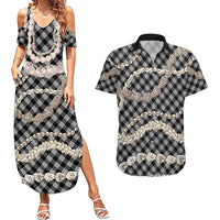 Black Aloha Hawaii Shell Lei Couples Matching Summer Maxi Dress and Hawaiian Shirt Palaka Hebrew Cone Honey Cowrie Elegant Curves LT14 Black - Polynesian Pride