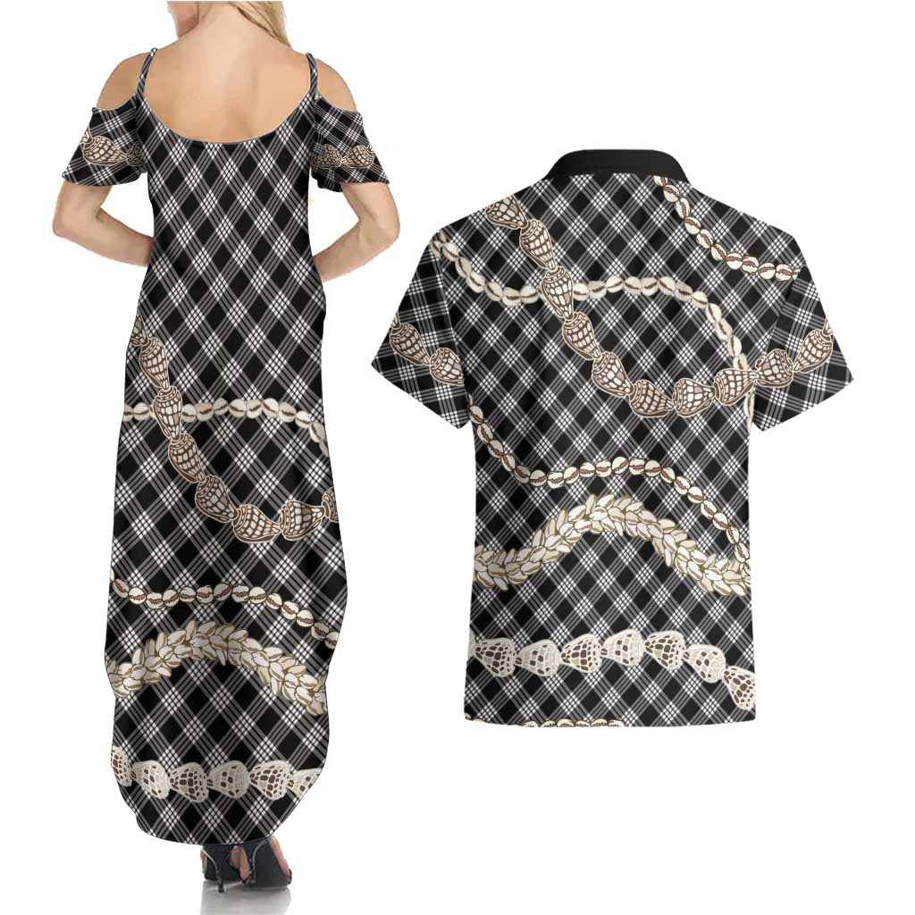 Black Aloha Hawaii Shell Lei Couples Matching Summer Maxi Dress and Hawaiian Shirt Palaka Hebrew Cone Honey Cowrie Elegant Curves LT14 - Polynesian Pride