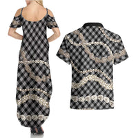 Black Aloha Hawaii Shell Lei Couples Matching Summer Maxi Dress and Hawaiian Shirt Palaka Hebrew Cone Honey Cowrie Elegant Curves LT14 - Polynesian Pride