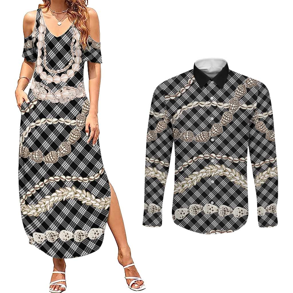 Black Aloha Hawaii Shell Lei Couples Matching Summer Maxi Dress and Long Sleeve Button Shirt Palaka Hebrew Cone Honey Cowrie Elegant Curves - Polynesian Pride