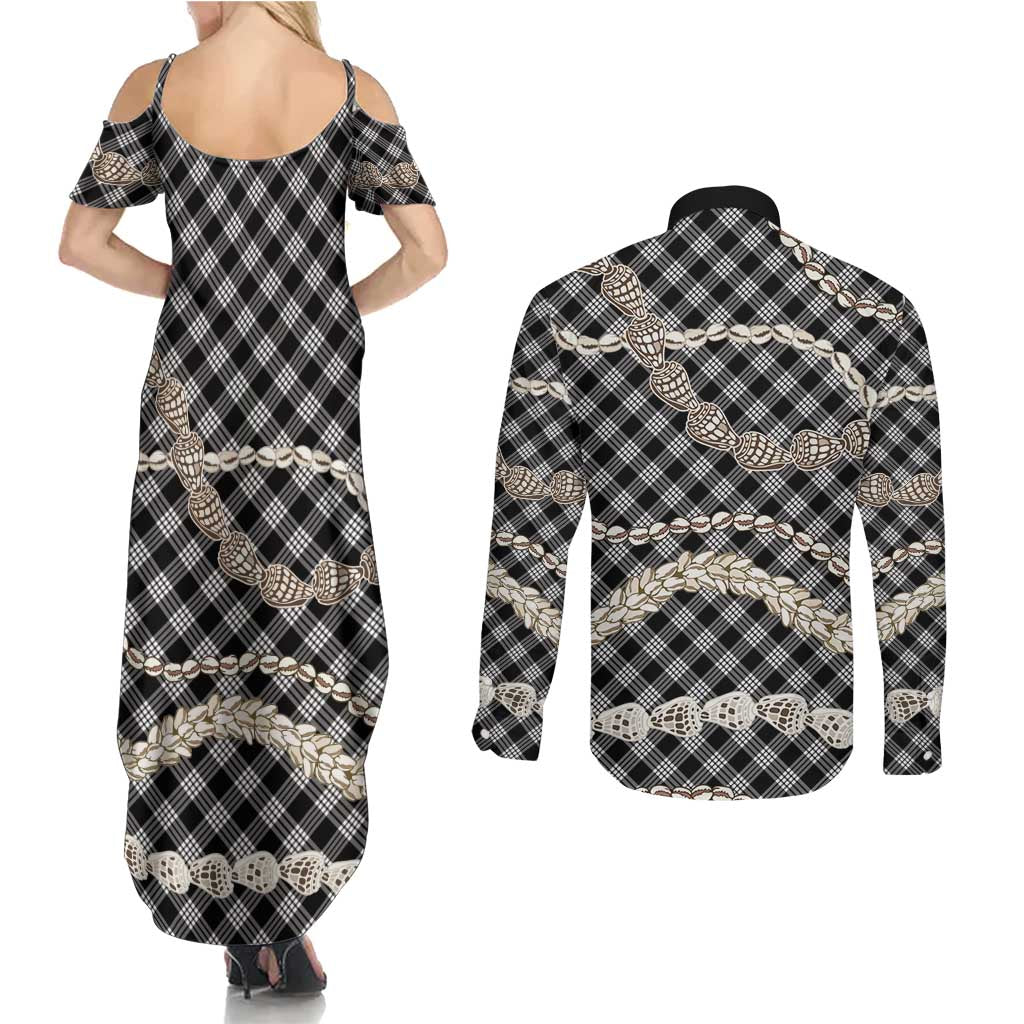Black Aloha Hawaii Shell Lei Couples Matching Summer Maxi Dress and Long Sleeve Button Shirt Palaka Hebrew Cone Honey Cowrie Elegant Curves LT14 - Polynesian Pride