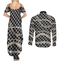 Black Aloha Hawaii Shell Lei Couples Matching Summer Maxi Dress and Long Sleeve Button Shirt Palaka Hebrew Cone Honey Cowrie Elegant Curves LT14 - Polynesian Pride