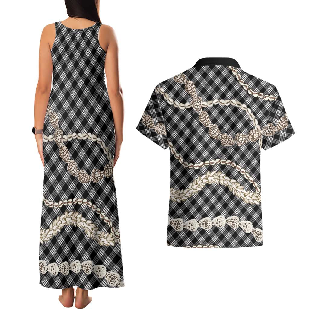 Black Aloha Hawaii Shell Lei Couples Matching Tank Maxi Dress and Hawaiian Shirt Palaka Hebrew Cone Honey Cowrie Elegant Curves LT14 - Polynesian Pride