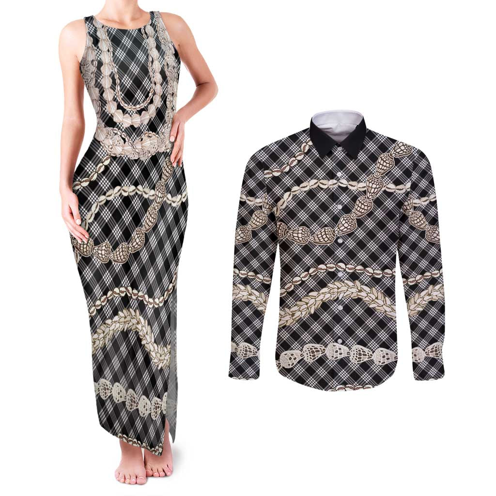 Black Aloha Hawaii Shell Lei Couples Matching Tank Maxi Dress and Long Sleeve Button Shirt Palaka Hebrew Cone Honey Cowrie Elegant Curves - Polynesian Pride