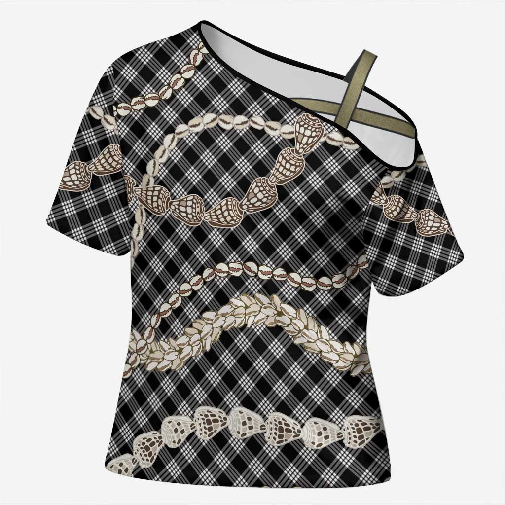Black Aloha Hawaii Shell Lei Cross Shoulder Shirt Palaka Hebrew Cone Honey Cowrie Elegant Curves - Polynesian Pride