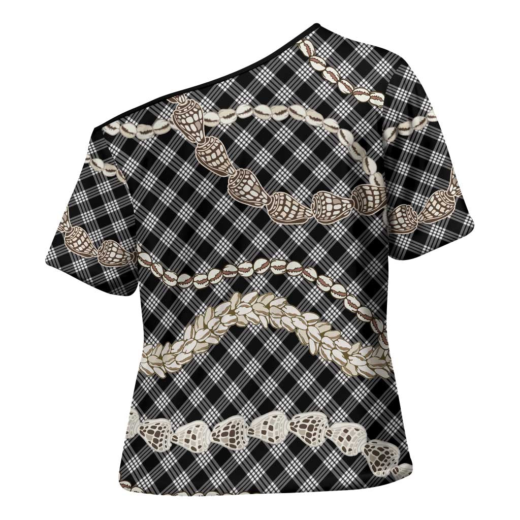 Black Aloha Hawaii Shell Lei Cross Shoulder Shirt Palaka Hebrew Cone Honey Cowrie Elegant Curves - Polynesian Pride