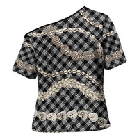 Black Aloha Hawaii Shell Lei Cross Shoulder Shirt Palaka Hebrew Cone Honey Cowrie Elegant Curves - Polynesian Pride