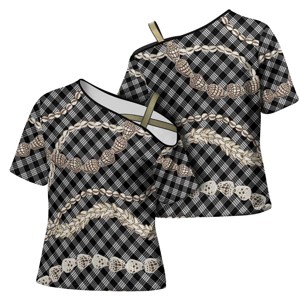 Black Aloha Hawaii Shell Lei Cross Shoulder Shirt Palaka Hebrew Cone Honey Cowrie Elegant Curves - Polynesian Pride