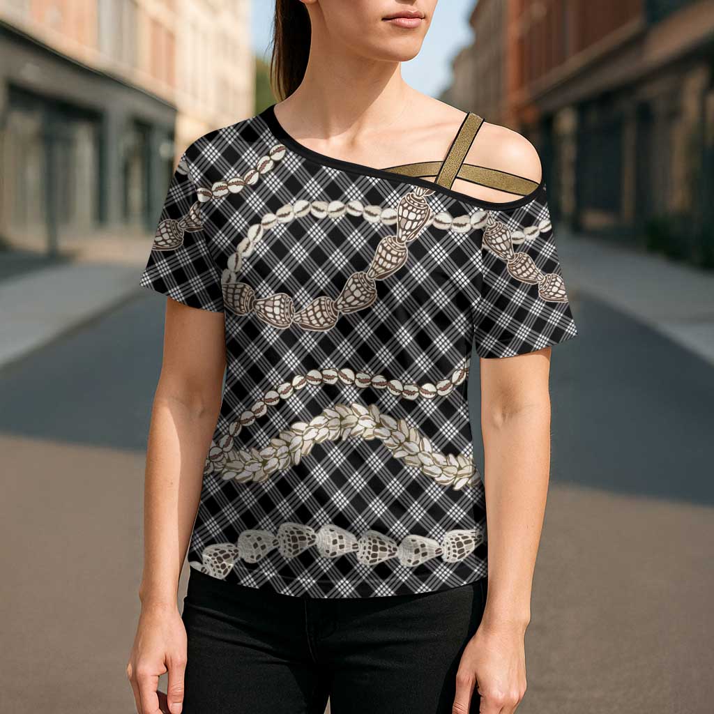 Black Aloha Hawaii Shell Lei Cross Shoulder Shirt Palaka Hebrew Cone Honey Cowrie Elegant Curves - Polynesian Pride