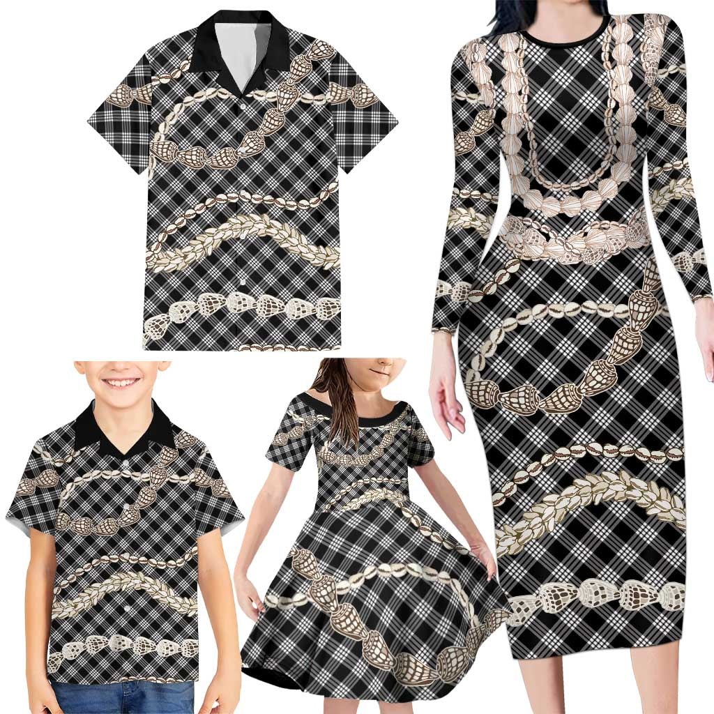 Black Aloha Hawaii Shell Lei Family Matching Long Sleeve Bodycon Dress and Hawaiian Shirt Palaka Hebrew Cone Honey Cowrie Elegant Curves LT14 - Polynesian Pride