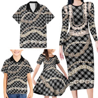 Black Aloha Hawaii Shell Lei Family Matching Long Sleeve Bodycon Dress and Hawaiian Shirt Palaka Hebrew Cone Honey Cowrie Elegant Curves LT14 - Polynesian Pride