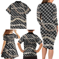 Black Aloha Hawaii Shell Lei Family Matching Long Sleeve Bodycon Dress and Hawaiian Shirt Palaka Hebrew Cone Honey Cowrie Elegant Curves LT14 - Polynesian Pride