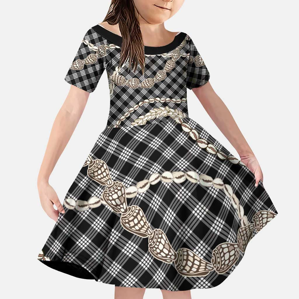 Black Aloha Hawaii Shell Lei Family Matching Mermaid Dress and Hawaiian Shirt Palaka Hebrew Cone Honey Cowrie Elegant Curves LT14 Daughter's Dress Black - Polynesian Pride