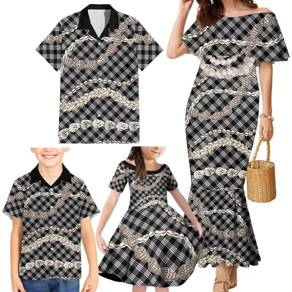 Black Aloha Hawaii Shell Lei Family Matching Mermaid Dress and Hawaiian Shirt Palaka Hebrew Cone Honey Cowrie Elegant Curves - Polynesian Pride