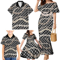 Black Aloha Hawaii Shell Lei Family Matching Mermaid Dress and Hawaiian Shirt Palaka Hebrew Cone Honey Cowrie Elegant Curves LT14 - Polynesian Pride