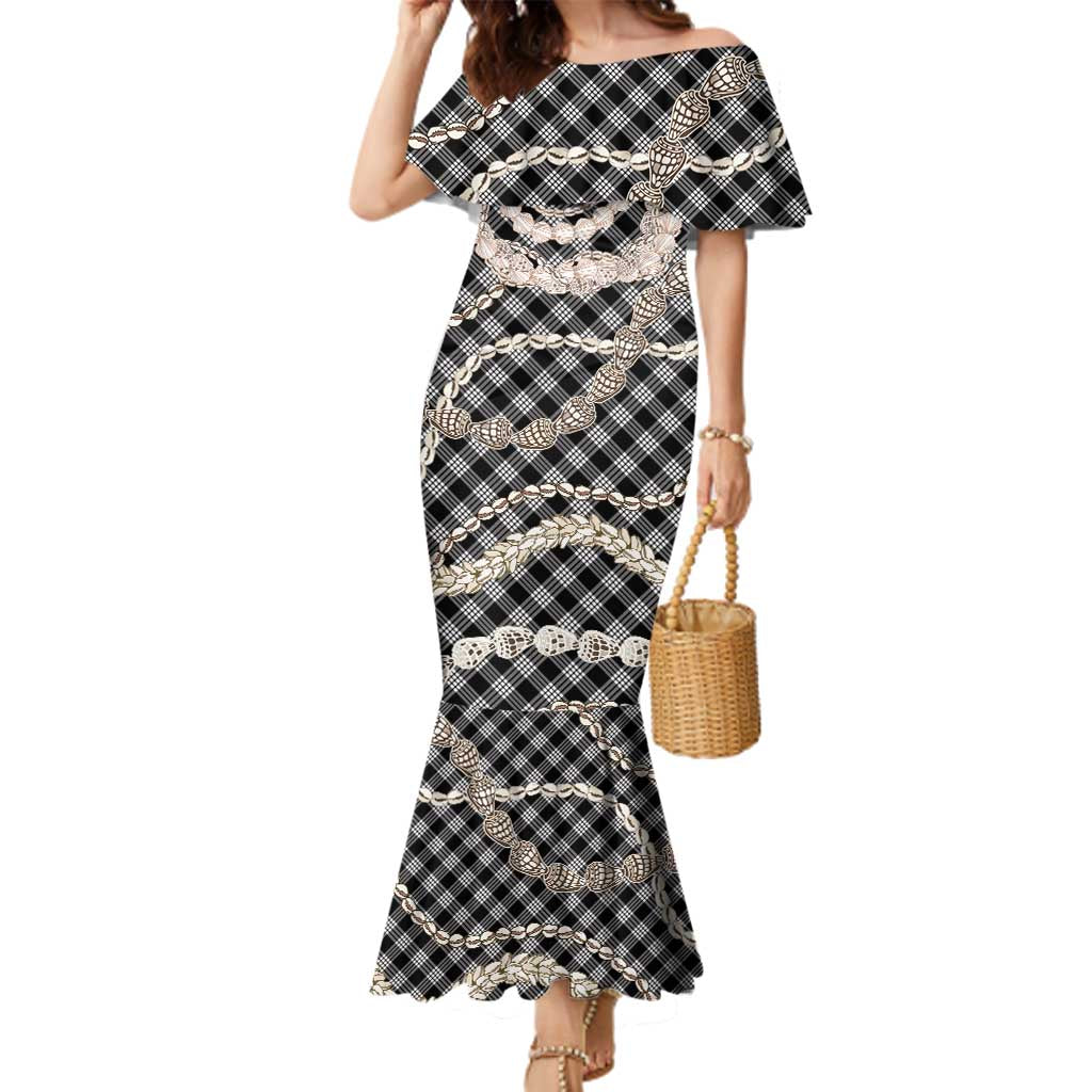 Black Aloha Hawaii Shell Lei Family Matching Mermaid Dress and Hawaiian Shirt Palaka Hebrew Cone Honey Cowrie Elegant Curves LT14 Mom's Dress Black - Polynesian Pride