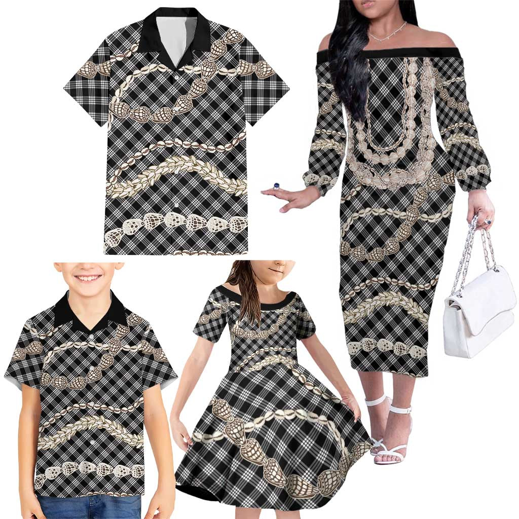 Black Aloha Hawaii Shell Lei Family Matching Off The Shoulder Long Sleeve Dress and Hawaiian Shirt Palaka Hebrew Cone Honey Cowrie Elegant Curves - Polynesian Pride