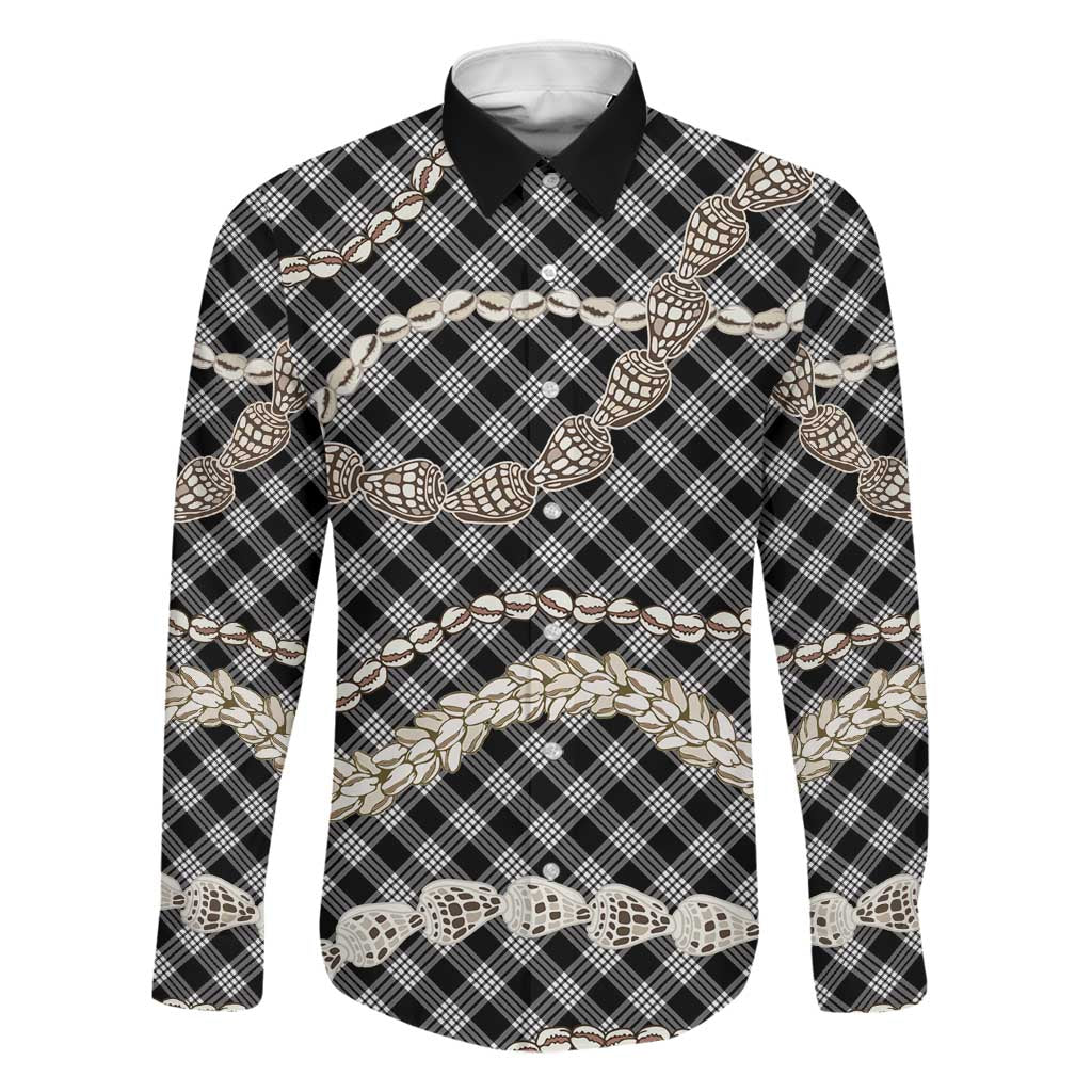 Black Aloha Hawaii Shell Lei Family Matching Off The Shoulder Long Sleeve Dress and Hawaiian Shirt Palaka Hebrew Cone Honey Cowrie Elegant Curves LT14 Dad's Shirt - Long Sleeve Black - Polynesian Pride