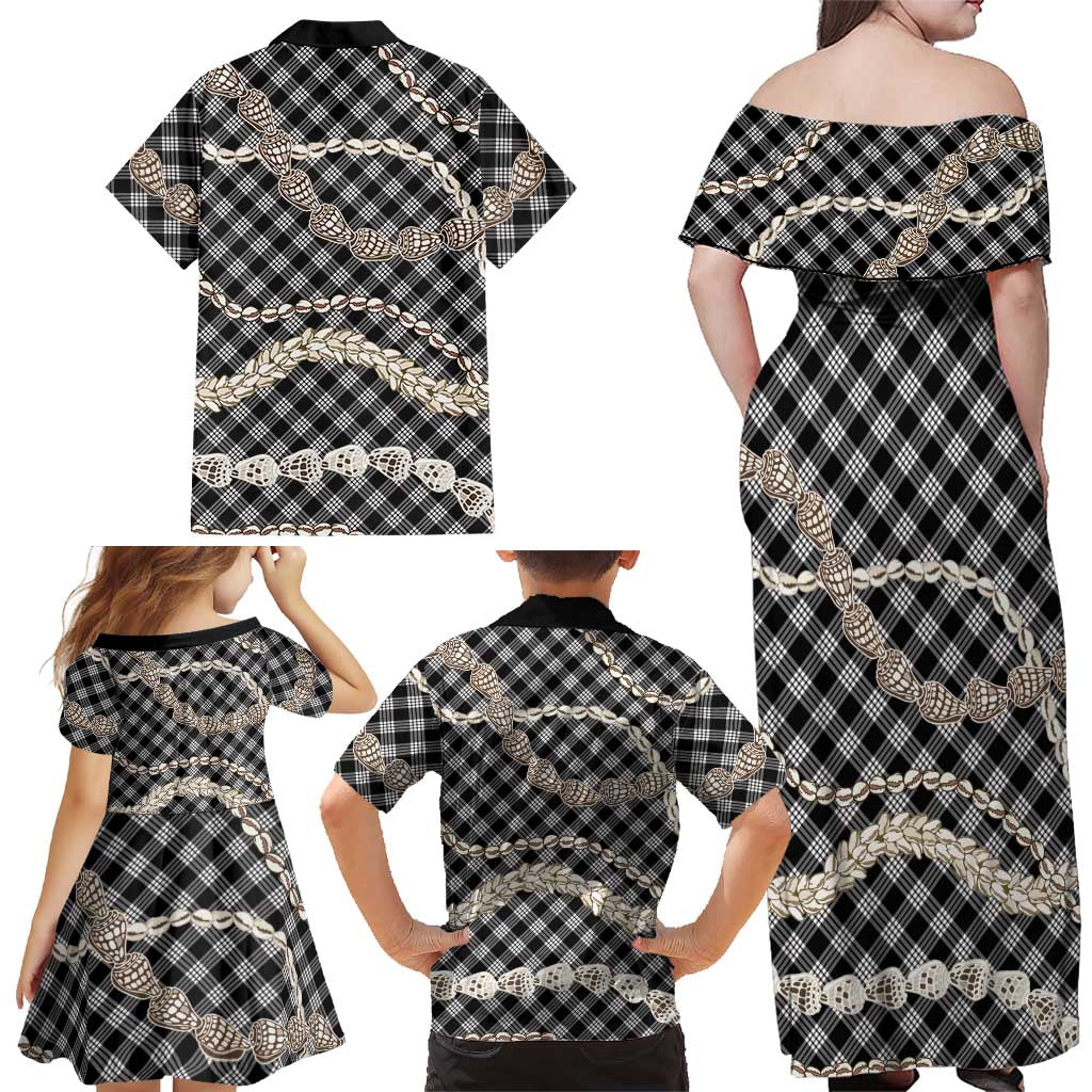 Black Aloha Hawaii Shell Lei Family Matching Off Shoulder Maxi Dress and Hawaiian Shirt Palaka Hebrew Cone Honey Cowrie Elegant Curves LT14 - Polynesian Pride