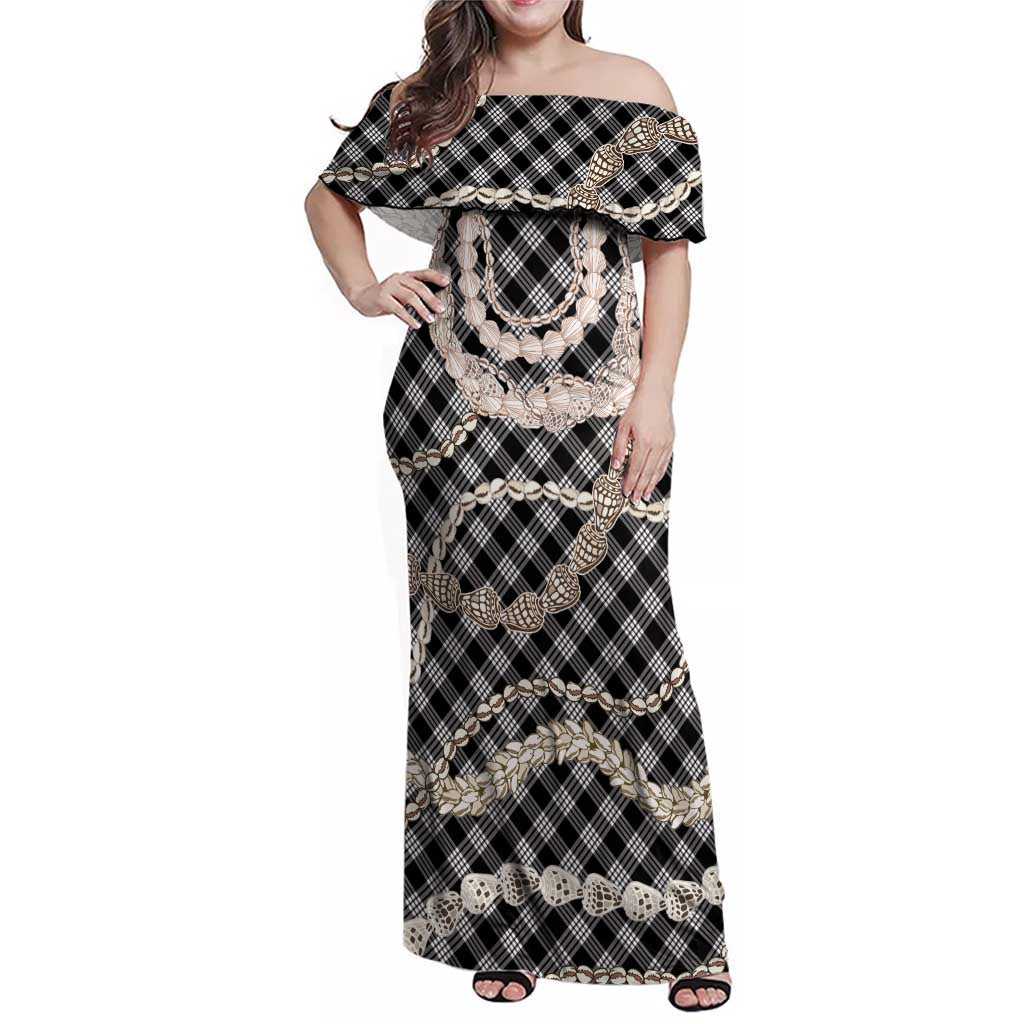 Black Aloha Hawaii Shell Lei Family Matching Off Shoulder Maxi Dress and Hawaiian Shirt Palaka Hebrew Cone Honey Cowrie Elegant Curves LT14 Mom's Dress Black - Polynesian Pride